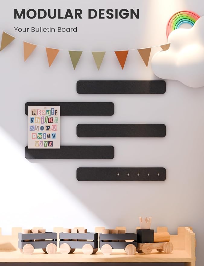 Fluxynara 13" x 2" Felt Wall Panels, Black | 5-Pack Cork Board Alternative with 35 Push Pins, Adhesive Mounting for Bedroom Door or Home Office - Image 5