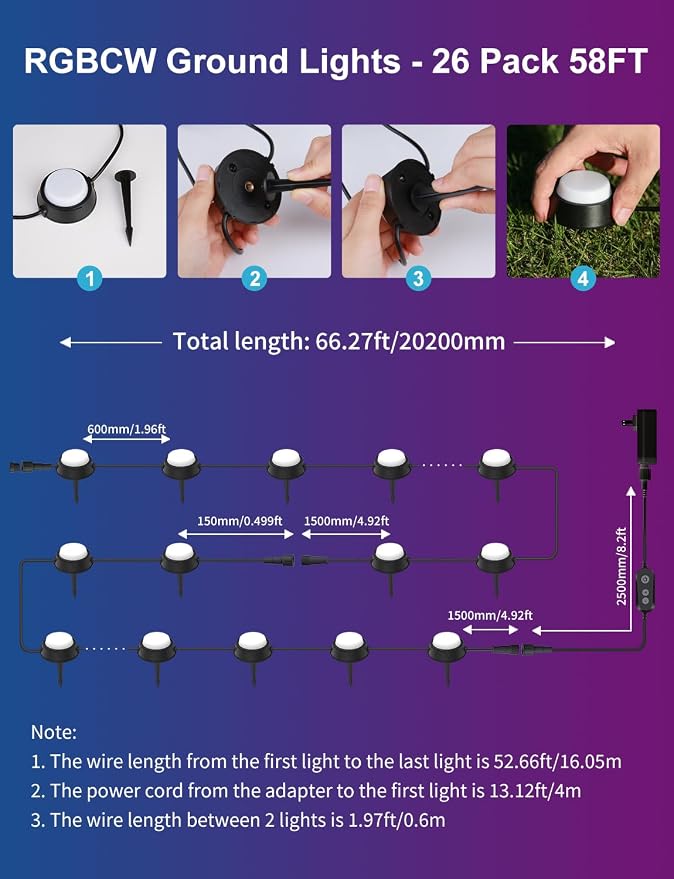 APPECK Outdoor Ground Lights 26 Pack, 58FT RGBCW Pathway Lights Wired | Tunable White Landscape Lights, DIY Scene Modes, IP65 Waterproof, for Path Yard Lawn Patio, Holiday Decor, App/Remote Control - Image 6