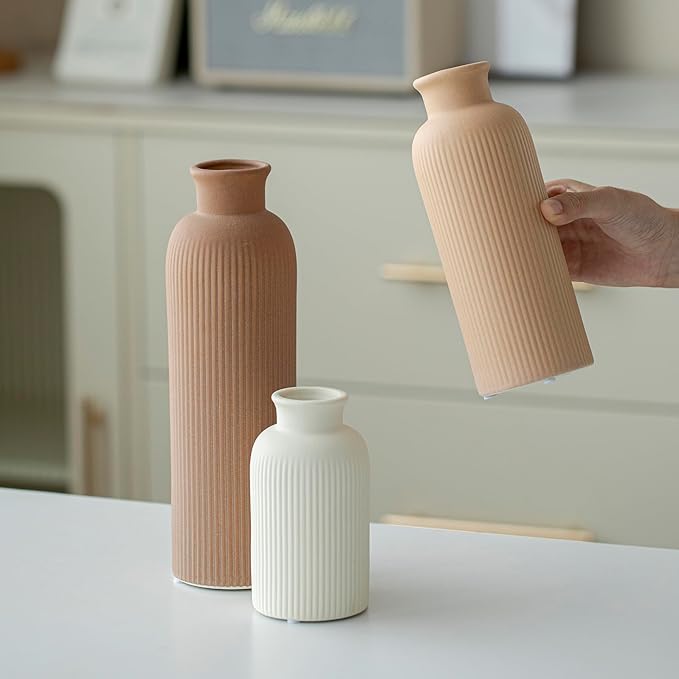 Modern Ceramic Vase Set, Earth Tone Natural Color Ribbed Matte Design, 3-Piece Decorative Vases for Home, Living Room, Office (Coffee Mix) - Image 2