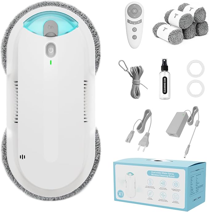 Window Cleaning Robot - Double Helix 4800-6400Pa Suction, Dual Ultrasonic Spray, 85ml Tank, Edge Detection, Anti-Drop, 3 Cleaning Modes for Streak-Free Glas (White) by HIXZAP