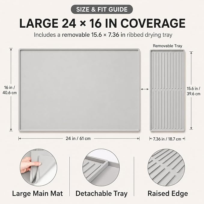 Silicone Coffee Mat 24 x 16 in with Tray, Minimal Light Gray | Coffee bar mat for countertop use, coffee station mat or coffee machine mat with removable tray and 0.47 in raised rim. - Image 3
