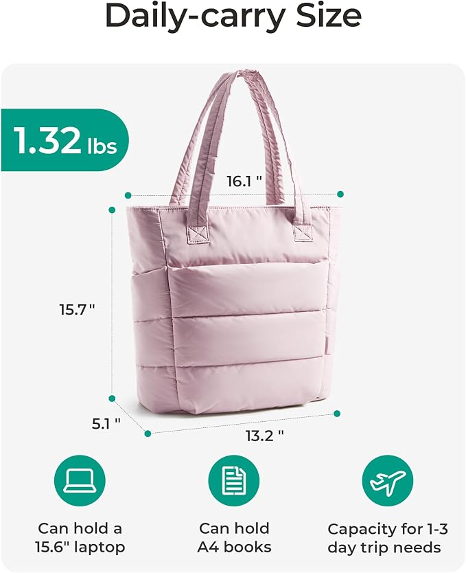 BAGSMART Tote Bag for Women, Lightweight Puffy Tote Bag with Compartments Shoulder Bag Handbag for Travel, Work, Gym | Lightweight - Image 3