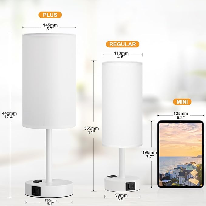 Fenmzee White Nightstand Bedroom Lamp - 3 Way Dimmable Bedside Lamp USB C A Charging Ports and AC Outlet, Small Table Lamp Linen Lampshade for Office Desk - Image 2