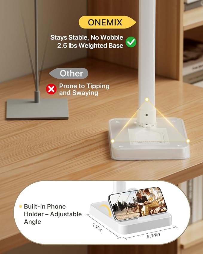 ONEMIX 42" LED Desk Lamp for Home Office, Eye-Caring Desk Light with Adjustable 4-Segment Bar, 1800LM Bright, Remote, Architect Table Lamp with Base for Dual Monitors, Reading, Study, Workbench(White) - Image 9