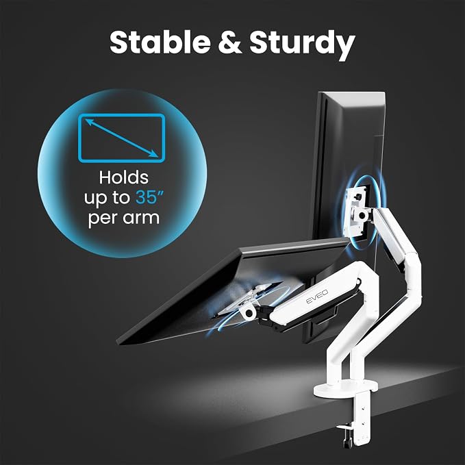 EVEO Premium Dual Monitor Mount 14"-35” Dual Monitor Arm VESA Bracket Adjustable Height Gas Spring Dual Monitor Stand, Screen Full Motion Dual Monitor Arm-Computer Monitor Stand for 2 Screens - White - Image 2