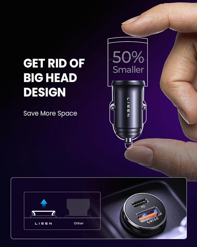 LISEN 54W Car Phone Charger USB C, Cigarette Lighter Adapter, Car Accessories for iPhone, USB C Car Charger Adapter USBC Type C 12v, Fit for iPhone 16, 15, 14, 13 Samsung Google iPad Android, Blue | Cigarette Lighter USB Charger, Car Accessories for Me... - Image 7