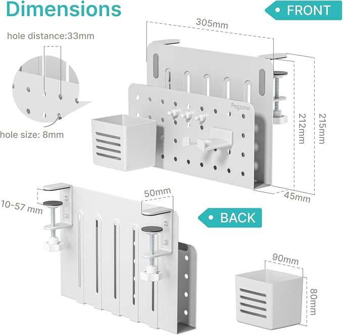 PEGZONE Desk Side Storage Organizer, Fits Flat Edge 0.4" to 2.2", White | No Drill Under Desk Laptop Holder, Clamp on Desks Shelf with Pegboard Accessories, Hanging Laptop Mount - Image 6