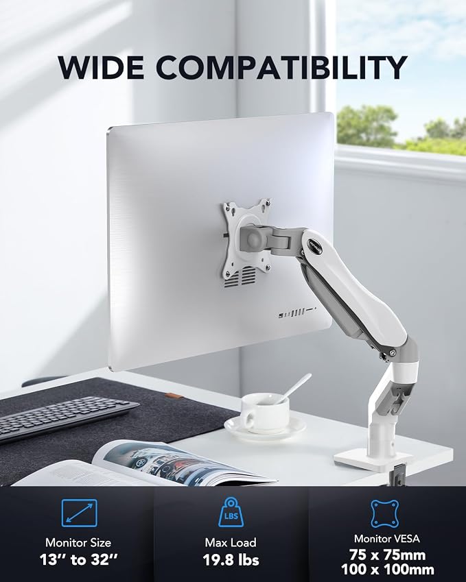 HUANUO Single Monitor Mount, 13 to 32 Inch Gas Spring Monitor Arm, Adjustable Stand, Vesa Mount with Clamp and Grommet Base - Fits 4.4 to 19.8lbs LCD Computer Monitors - Image 2