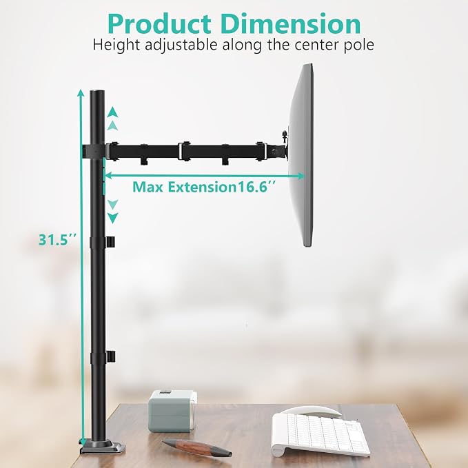 WALI Monitor Arm Mount for Desk, Single Extra Tall Computer Desk Mount, Monitor Bracket Mount Stand Single, up to 34 inch, 22 lbs (M001XL), Black - Image 4