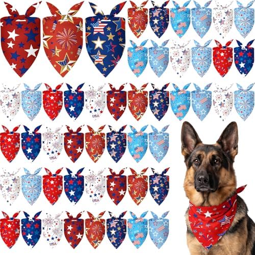 Weewooday 50 Pcs 4th of July Dog Bandanas Bulk for 1776 Patriotic 250th Anniversary Star Red White and Blue Independence Day Flag Scarf for Small Medium Large Outfit(Star, 31.5 x 21.7 X21.7 Inch) by Weewooday