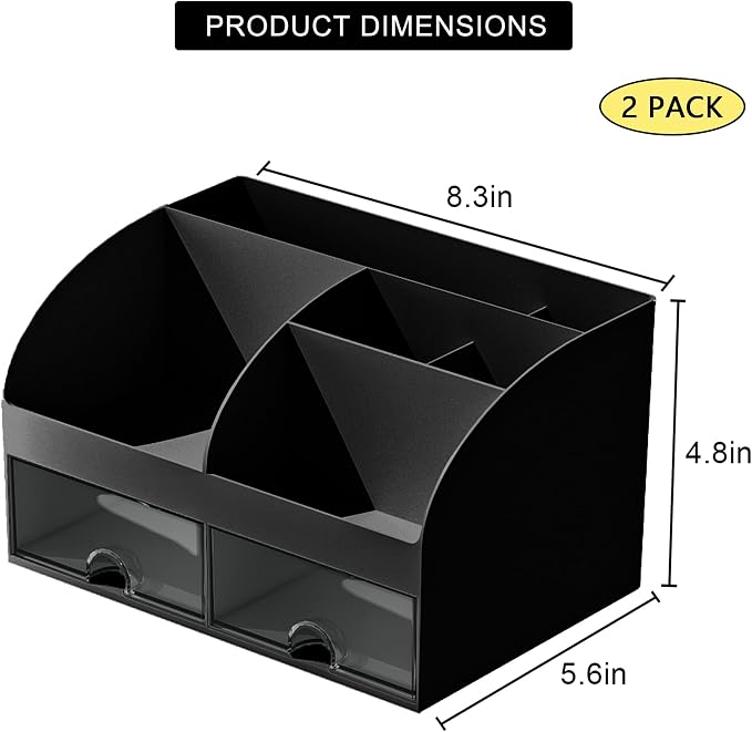 COMFYROOM Desk Organizer with 6 Compartments and 2 Drawers, Plastic Makeup Organizer, Pen Holder for Desktop Storage, Desk Organization for School, Home, Office Supplies Black-2Pack - Image 2