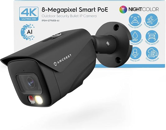 Amcrest UltraHD 4K (8MP) IP PoE AI Camera, FOV 129°, 49ft Color Nightvision, Security Outdoor Bullet Camera, Human & Vehicle Detection, Active Deterrent, 4K @15fps, IP8M-2796EB-AI (Black) by Amcrest