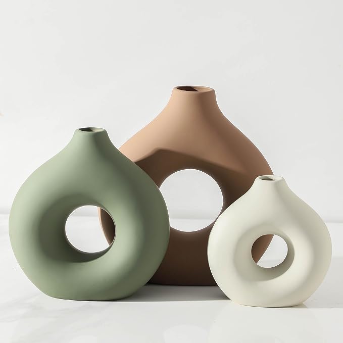 Vanselia Ceramic Vase Home Table Decor - Flower Vases Set of 3 Small Living Room Centerpiece Decorations for Shelf Bedroom Office Kitchen Dining Desk Modern Aesthetic Farmhouse Decorative (Brown) by VanseliaHome