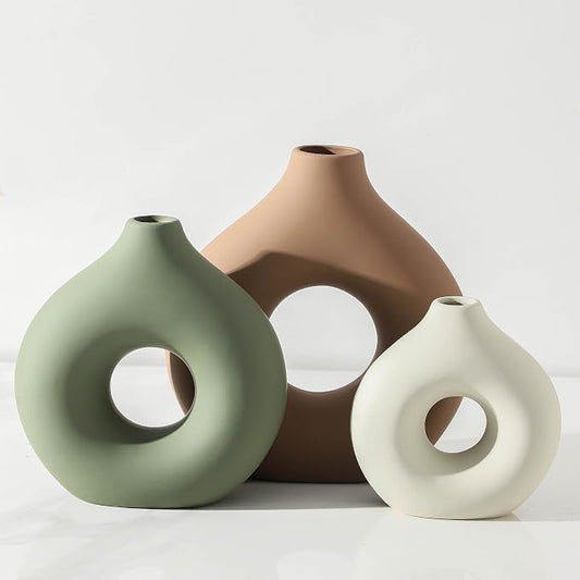 Vanselia Ceramic Vase Home Table Decor - Flower Vases Set of 3 Small Living Room Centerpiece Decorations for Shelf Bedroom Office Kitchen Dining Desk Modern Aesthetic Farmhouse Decorative (Brown) by VanseliaHome
