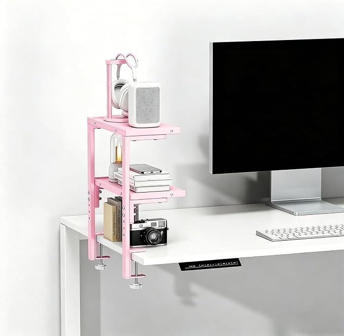 2-Tier Desk Shelf | Desk Organization Expandable Clamp on Desk Shelf Desktop Accessories for Offices and Game Rooms (Pink) - Image 6