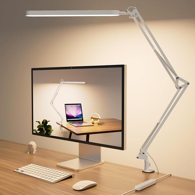 SKYLEO Led Desk Lamp - 31.5" Desk Light - 5 Color Modes X 11 Brightness Levels - Adjustable Swing Arm - Timmer & Memory Function - 12W Study Lamp - White by SKYLEO