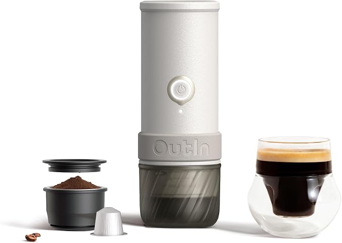 OutIn Mino Portable Electric Espresso Machine for Travel with Self-Heating | Mini Camping Coffee Maker, Pocket-Sized Coffee Machine, Ground Coffee & NS Capsule Adapter for Adventure, Sandstone White by OutIn