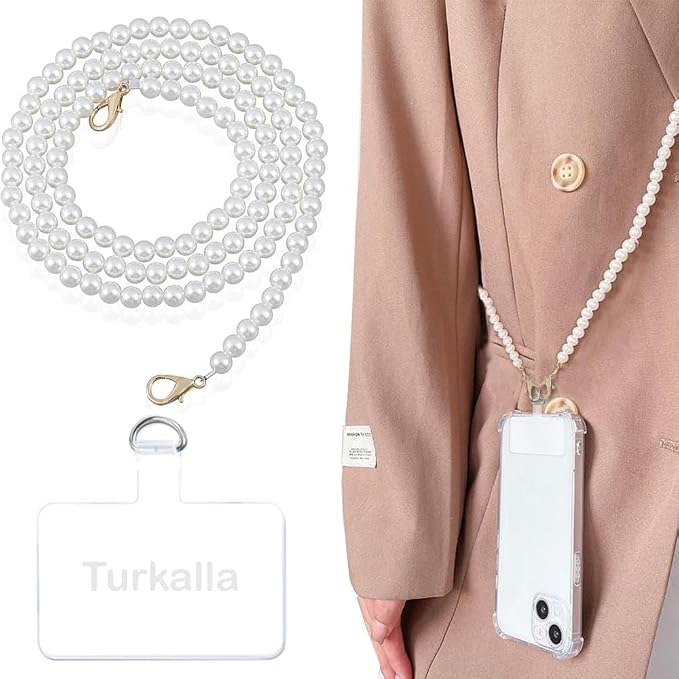 Phone Chain Crossbody Pearl Strap, Pearl Beaded Chain Shoulder Crossbody Lanyard with Phone Tether Patches Compatible with Most Phones Bag Purse by Turkalla