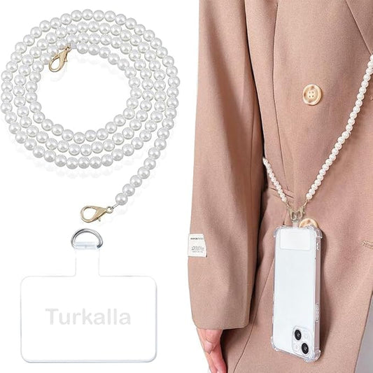 Phone Chain Crossbody Pearl Strap, Pearl Beaded Chain Shoulder Crossbody Lanyard with Phone Tether Patches Compatible with Most Phones Bag Purse by Turkalla