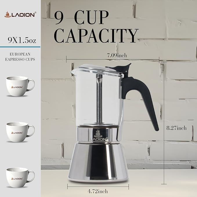 LAOION Stovetop Espresso Maker, 9Cup 360ml Moka Pot, Cuban Coffee Make | Crystal Glass-top & Stainless Steel Coffee Maker Mocha Pot, Greca De Cafe, Cuban and Italian Coffee Maker for Cafetera Cubana - Image 3
