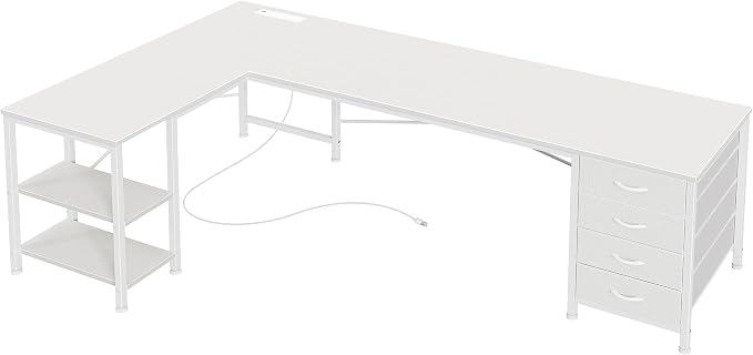 Huuger 63 Inch L Shaped Desk with Fabric Drawers, Reversible Computer Gaming Desk with Power Outlets and USB-C Port, Adjustable Side Storage Shelves, for Work Study Corner Home Office, White by Huuger