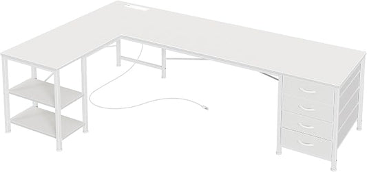Huuger 63 Inch L Shaped Desk with Fabric Drawers, Reversible Computer Gaming Desk with Power Outlets and USB-C Port, Adjustable Side Storage Shelves, for Work Study Corner Home Office, White by Huuger