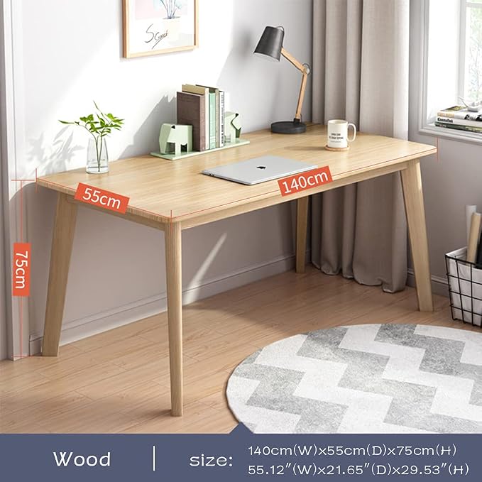 IOTXY Simple Wooden Writing Desk - Modern Minimalist Style PC Laptop Computer Workbench with Solid Wood Legs, 55" W Home Office Work Table for TV Stand Music Video Live Broadcast Workstation, Oak - Image 2