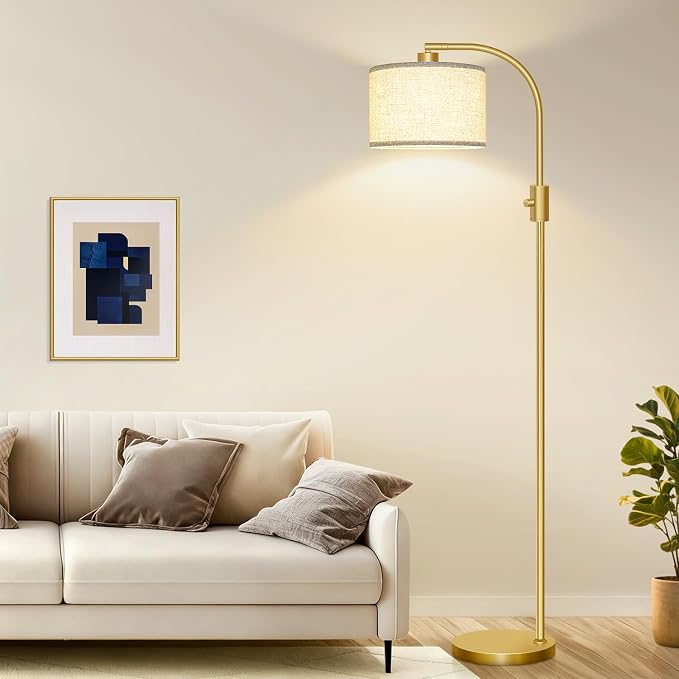 Nintiue Upgraded Modern Arc Dimmable Tall Standing Floor Lamp with Linen Shade, 1200 Lumens LED Bulb Included, for Living & Reading Room, Bedroom, Office & Nursery, Gold - Image 7