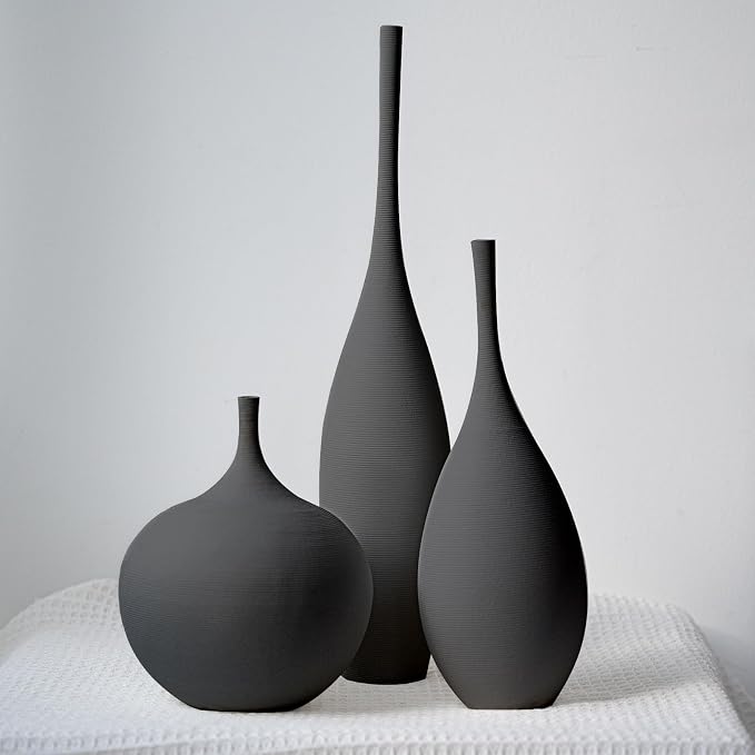 Relexome Black Ceramic Vase Modern Boho Wabi-Sabi Flower Vase Set of 3 Decorative Aesthetic Vases for Centerpieces Matte Minimalist Vases for Living Room Table Shelf Home Decor Gift by Relexome