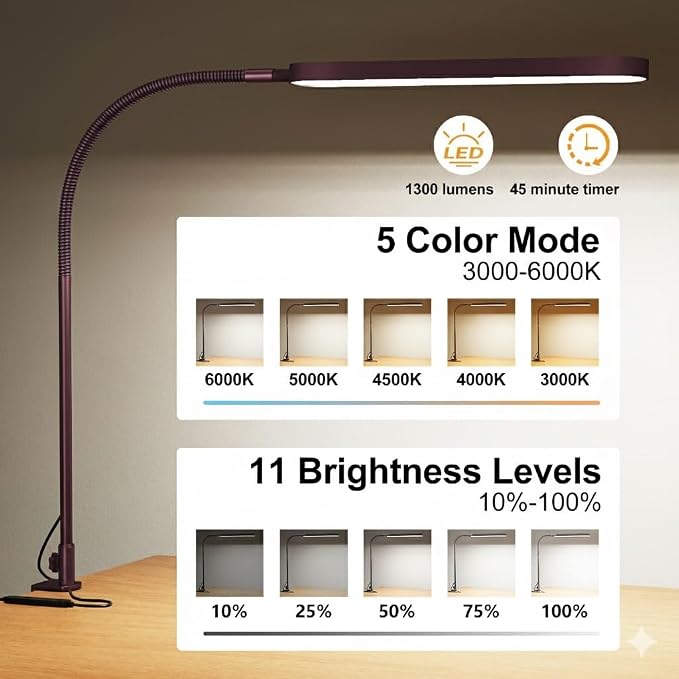 SKYLEO LED Desk Lamp - Desk Light for Home Office - Flexible Gooseneck - 5 Color Modes X 11 Brightness Levels - 1300LM - Timmer & Memory Function - 12W Clip on Light - Red - Image 2