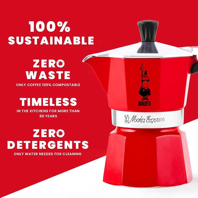 Bialetti - Moka Express: Iconic Stovetop Espresso Maker, Makes Real Italian Coffee, Moka Pot 6 Cups (6 Oz), Aluminium, Red - Image 4