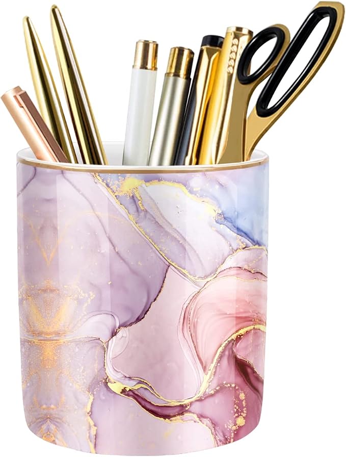 Pink Pen Holder for Desk, Premium Ceramic Pencil Holder Pen Cup Marker Holder Makeup Brush Holders, Desk Accessories & Workspace Organizers for Home, Office,Colorful Marble by WAVEYU