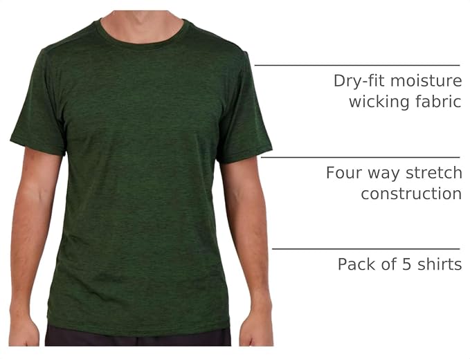 5 Pack Men's Dry Fit Short Sleeve T-Shirt Gym Workout Athletic Running Tee | Cooling, Moisture-Wicking, Crew Neck, Quick-Dry, Breathable, Active, Exercise, Fitness, Basketball, Cycling, Hiking, Tennis - Image 4
