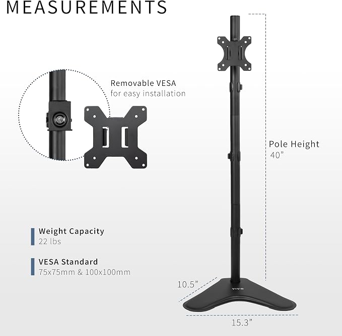 VIVO Single Monitor Desk Stand for 13 to 27 inch Screens, STAND-V011H | Black, Articulating, Freestanding Adjustable Monitor Arm, Extra Tall Computer Stand for 1 Monitor, Holds 22 lbs - Image 3
