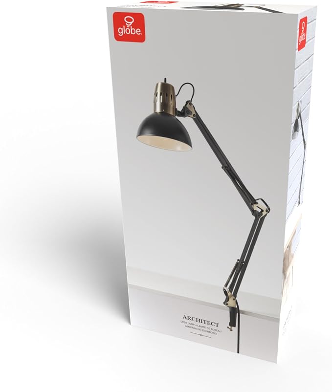 Globe Electric 62000009 32" Multi-Joint Desk Lamp with Metal Clamp, Matte Black, Antique Brass Accents, On/Off Rotary Switch on Shade, Partially Adjustable Swing Arm, Home Décor, Office Accessory - Image 10
