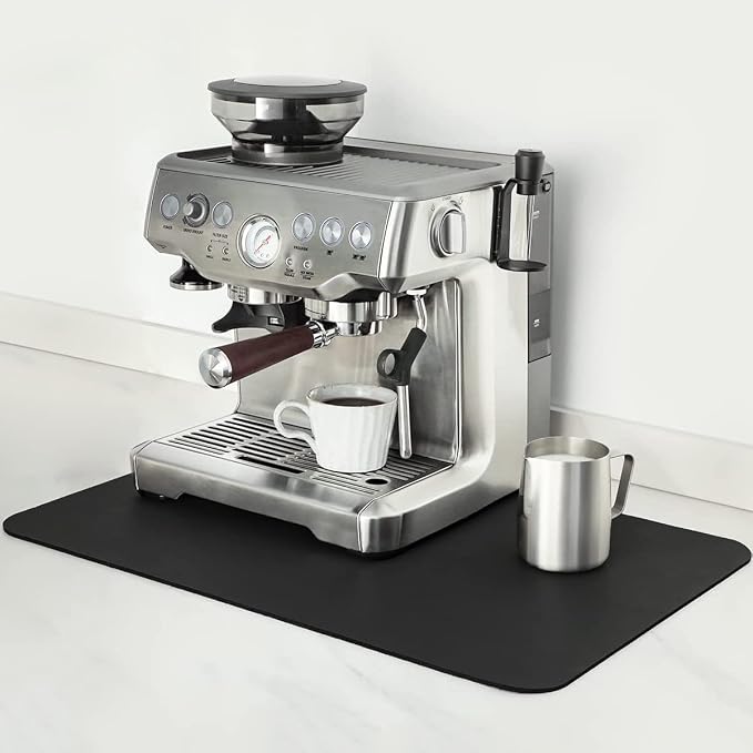 Mimore Coffee Mat - 16x24 Inch Black Countertop Mat - Absorbent, Hides Stains, Rubber Backed - Dish Drying Mat Fits Under Coffee Maker or Espresso Machine (Compatible with Ninja Luxe Cafe) by Mimore