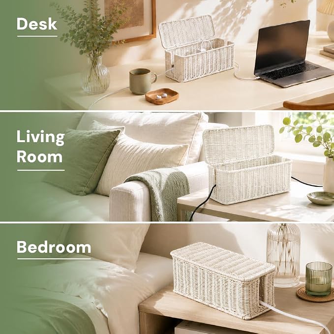 Cable Management Box, Handmade Rattan Cable Organizer with 2 Open Slots, Cord Hider for Power Strip, Router & USB Hub, Registered U.S. Design Patent (D1,112,102), 13" x 5.1" x 5.1", White - Image 7