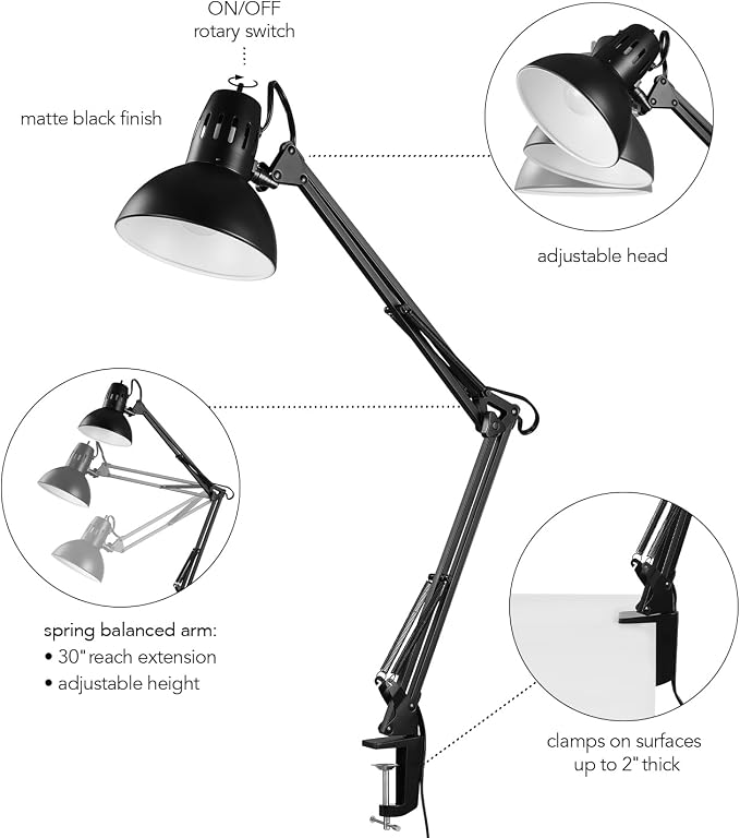 Globe Electric 56963 31.5" Multi-Joint Desk Lamp with Metal Clamp, Black, On/Off Rotary Switch on Shade, Partially Adjustable Swing Arm, Home Essentials, Reading Light, Office Décor - Image 8