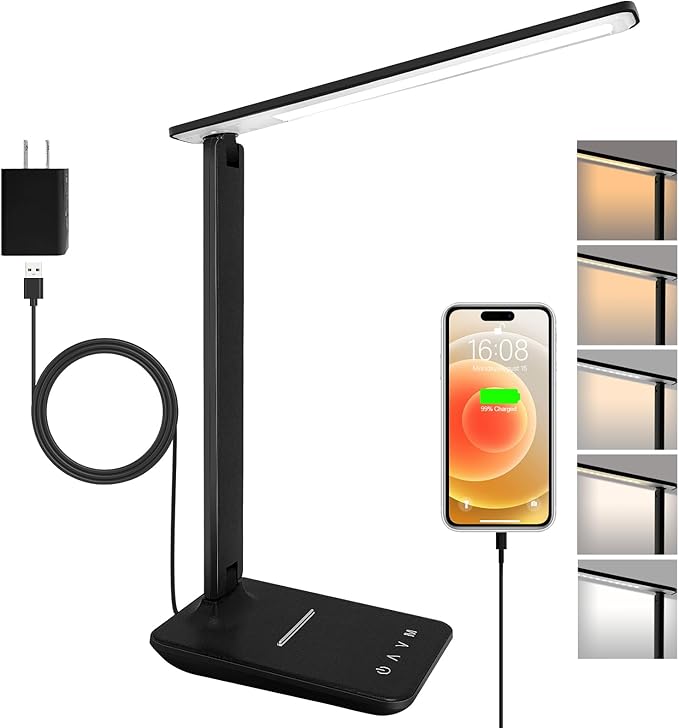 shinelife LED Desk Lamp for Office Home, Bright Desk Light with USB Charging Port, Adjustable Dimmable Desk Lamps 5 Modes 5 Brightness, Touch Study Lamp for Nail, Craft, Puzzle, Sewing, Study, Black by Unknown