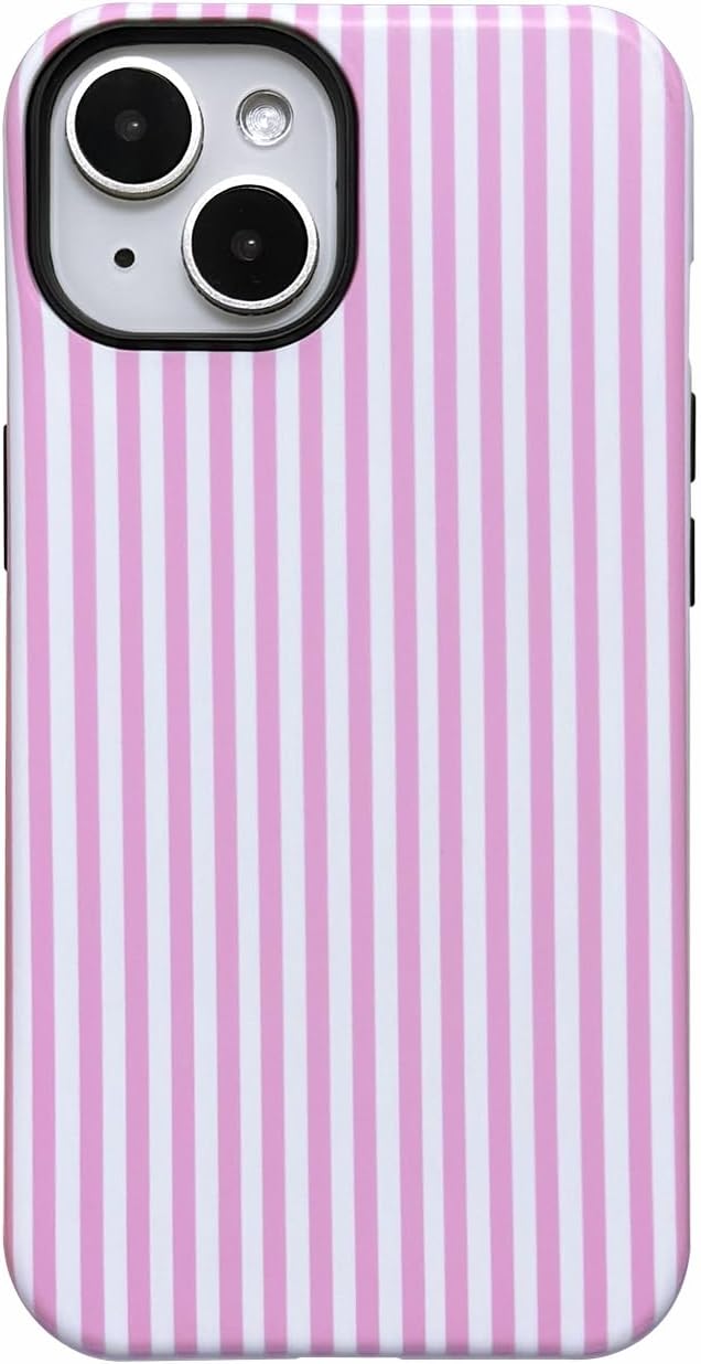 for iPhone 15 Case Striped Cute Aesthetics Phone Case Trendy Protective Shockproof Cover for iPhone 15 Pink White by Unknown