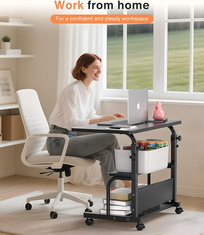 QZMDSM Portable Rolling Desk on Wheels Adjustable Height Desks for Small Spaces, 32" Computer Desk Drafting Tables with Storage Shelves for Home Office Black - Image 2