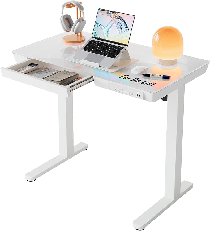 HUANUO Glass Standing Desk with Drawers, 35 X 20 Inch Electric Adjustable Height Desk, Quick Install One-Piece Tabletop with USB Charging Ports, White by HUANUO