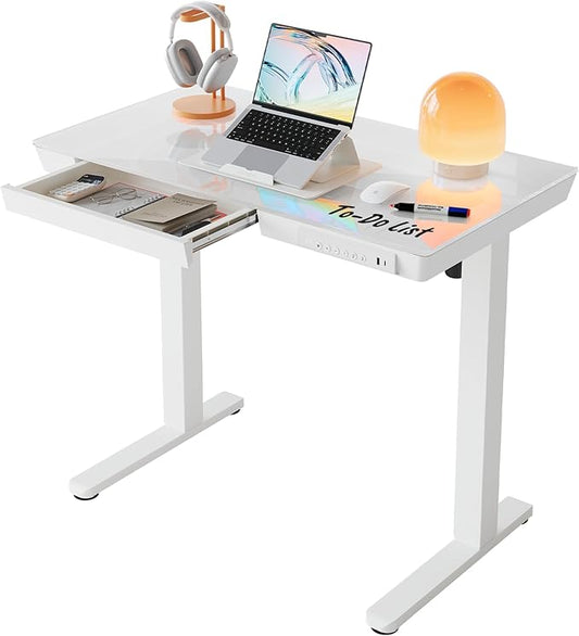 HUANUO Glass Standing Desk with Drawers, 35 X 20 Inch Electric Adjustable Height Desk, Quick Install One-Piece Tabletop with USB Charging Ports, White by HUANUO