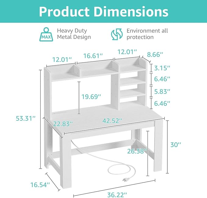 WINAZ White Desk with Hutch and Power Outlet, 43 Inch Small Space Computer Writing Desk with Storage Shelves, Modern Home Office Workstation for Bedroom Dorm - Image 3