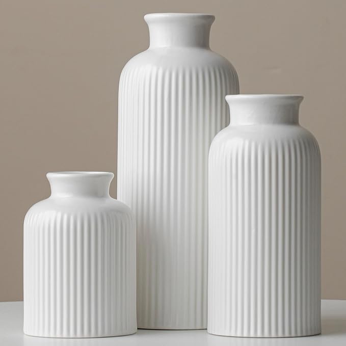 Large Modern Ceramic Vase Set, White Ribbed Matte Design, 10 Inch Tall, 4 Inch Width, 3-Piece Decorative Vases for Home, Living Room, Office (XL Matte Glaze White) by Vaurcesavase