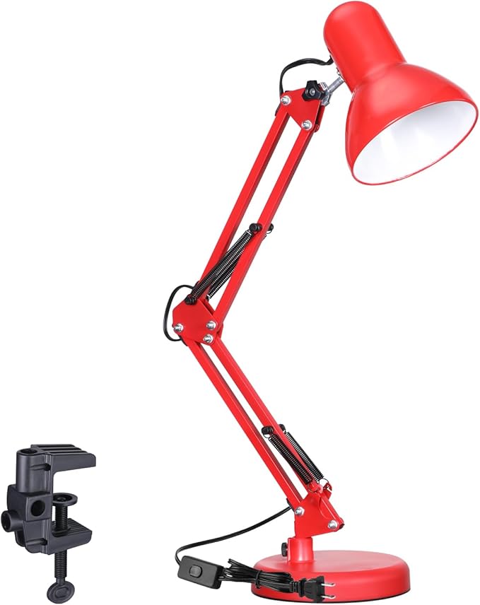 TORCHSTAR Metal Desk Lamp, Adjustable Swing Arm, E26, Red | Architect Gooseneck Multi-Joint Clip Table Lamp with Plastic Clamp, for Home Office, Work, Study, Reading, Bulbs not Included by TORCHSTAR