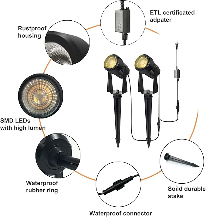 SUNTHIN Outdoor Landscape Lighting, 10 Pack Outdoor Spot Lights with Transformer for Yard, Plant, Lawn, Tree, Flags, House, Garden, Fence Use, IP65 Waterproof & Connectable - Image 3