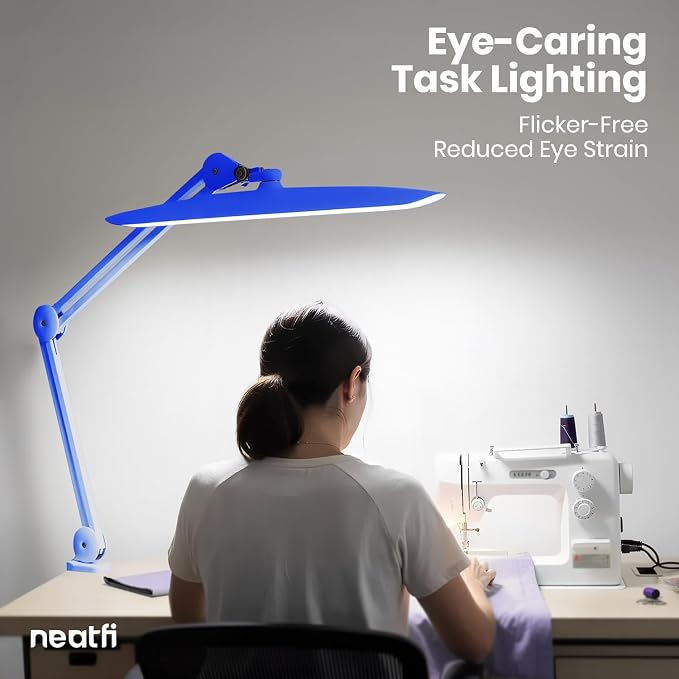 Neatfi XL 2200 Lumens 24W LED Desk Lamp – Shadow-Free Task Lighting | 4-Level Dimming | Home Office & Crafts Use | 20-Inch Wide Head (Sapphire Blue, Non-CCT with Clamp) - Image 3