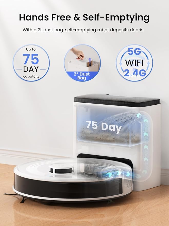 Lefant Robot Vacuum and Mop,75-Day Self-Emptying,6000Pa Powerful Suction,Customized Cleaning,Home Mapping, 140 Min Runtime, Roller Brush for Carpet,2.4G/5G WiFi/Alexa/APP/iWatch,M2 Plus - Image 2