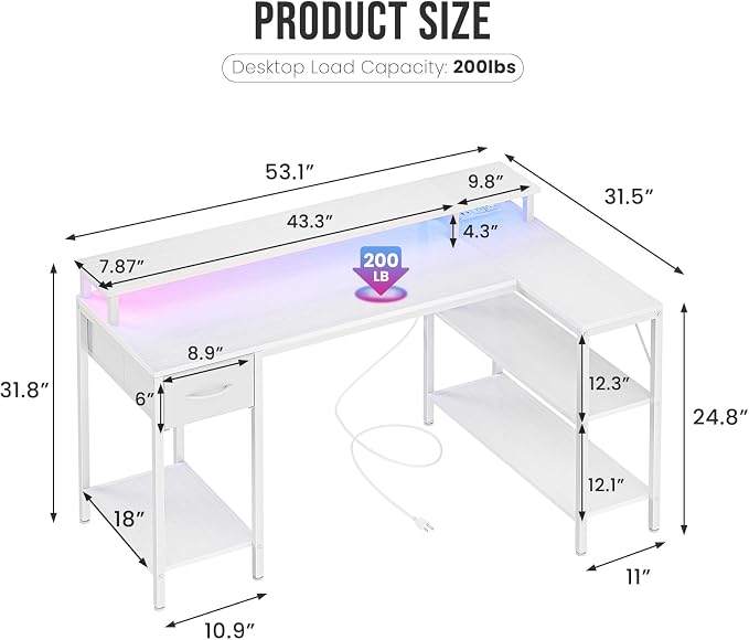 DUMOS 53 Inch Gaming Desk, L Shaped Desk, LED Lights | Monitor Stand, Storage Shelves, Computer Table, USB Charging Ports, Power Outlets, Small Spaces, White - Image 3